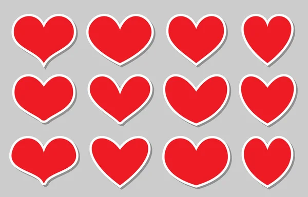 红心扁平贴纸集 情人节纸卡模板 复制浪漫爱情按摩器的空间 不同的心形符号与灰色背景的黄铁矿边缘 就像签网络按钮 — 图库矢量图片