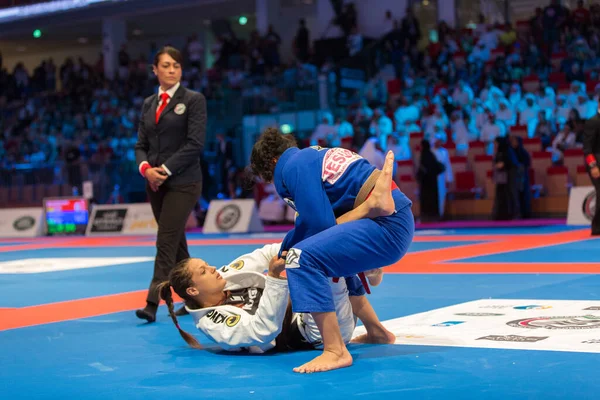 ABU DHABI, UAE - 19 Nisan 2016: ABU DHABI World PROFESSIAL JIU-JITSU CHAMPIONSIP 2016, IPIC ARENA. Paspasın üzerinde kadın dövüşçüler var. Yanlarında hakem var..