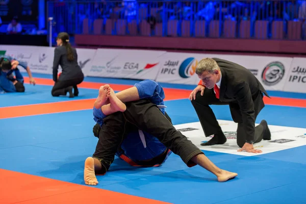 ABU DHABI, UAE - 19 Nisan 2016: ABU DHABI World PROFESSIAL JIU-JITSU CHAMPIONSIP 2016, IPIC ARENA. Hakem, parterdeki dövüşçüleri takip ediyor..