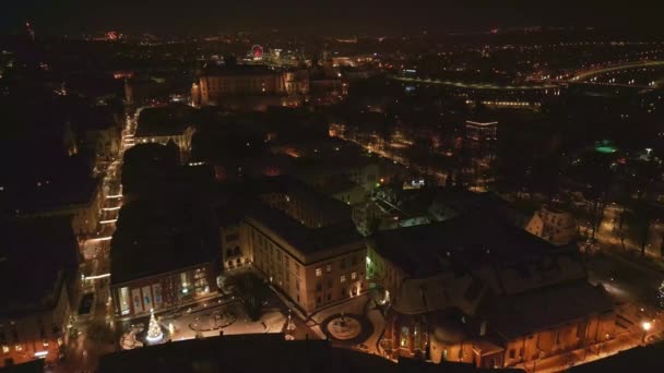 Gamla Stan Krakow Vintern Natten Traditionell Polsk Arkitektur Och Wawel — Stockvideo