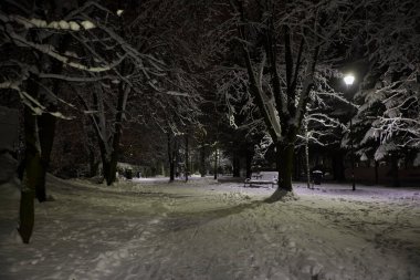 Geceleri parkı aydınlatırdı. Kar parkına giden yol.