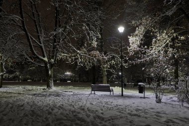Geceleri banklarla aydınlatılmış şehir parkı.
