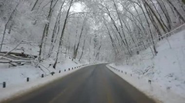 POV Point of view shot of car drives along the road with cars in winter snowy forest in Poland. Traveling by car in cold winter, driving in bad weather.