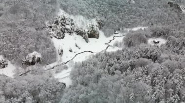 Aerial view of river and rocks in the winter Ojcowski National Park, Poland.