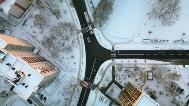 Flight Winter Snowy Crossroads Krakow Sunset Aerial View Residential District — Stock videók