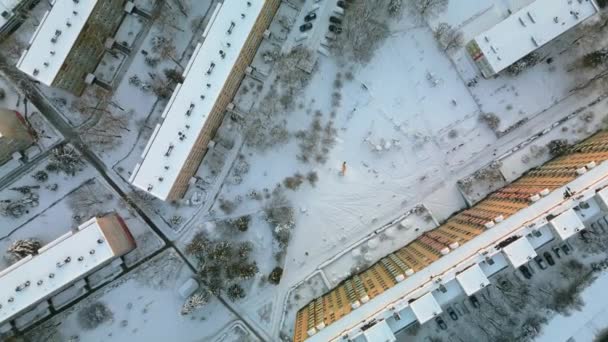 Flight Winter Snowy Krakow Sunset Aerial View Residential District Buildings — 비디오