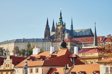 Saint Vitus Cathedral and Prague Castle, main tower with clock and church towers.
