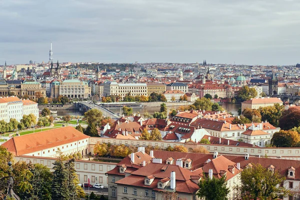 View of Vltava and historical buildings in Prague.