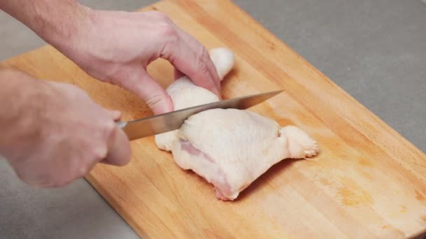 Cut Raw Chicken Wooden Cutting Board Man Using Knife Cooking — Stockvideo