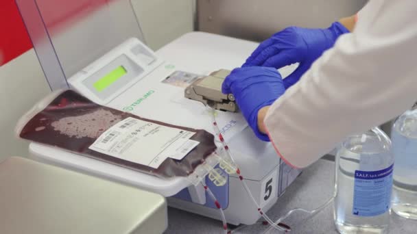 女性は医学研究所の血液容器のチューブをトリムします — ストック動画