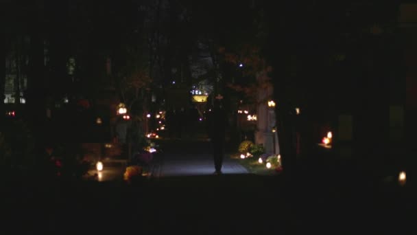 Людина Ліхтариком Кладовищі Вночі Проходить Через Алею Під Час Дня — стокове відео