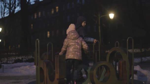 Children Carousel Spin Evening Park Lanterns — Stock Video