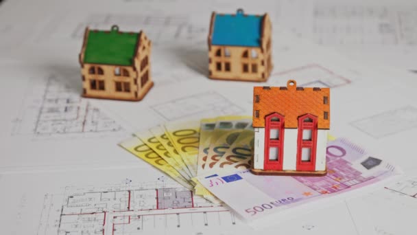 Інвестиції Новий Будинок Чотири Будинки Стоять Планах Кімнат Житловому Будівництві — стокове відео
