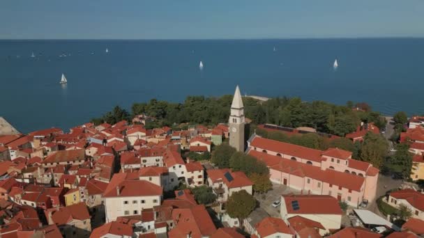 Kreisansicht Der Schönen Stadt Izola Slowenien Historische Architektur Mit Rotem — Stockvideo