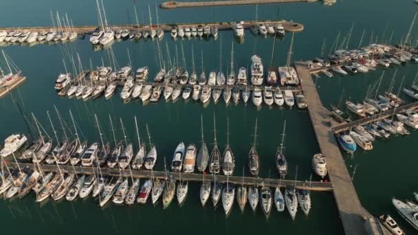 Langer Flug Unter Der Marina Izola Mit Booten Und Masten — Stockvideo