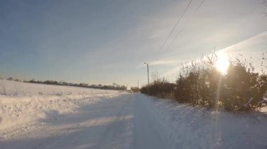  POV orman ekimi boyunca sürüyor, güneş ağaçların arasından parlıyor. Solda karla kaplı bir alan var..