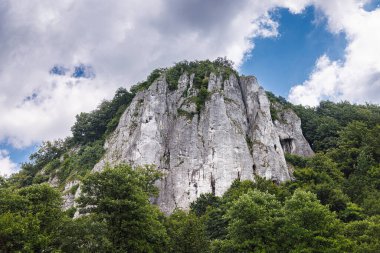 Yaz ormanındaki kayalar mavi gökyüzüne karşı.