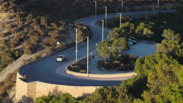 Car Drives Winding Road Trees Spain — Stock Video