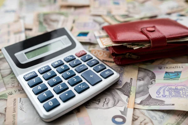 Financial Concept Uah Ukraine Money Calculator Purse Desk Investment Currency — Stock fotografie