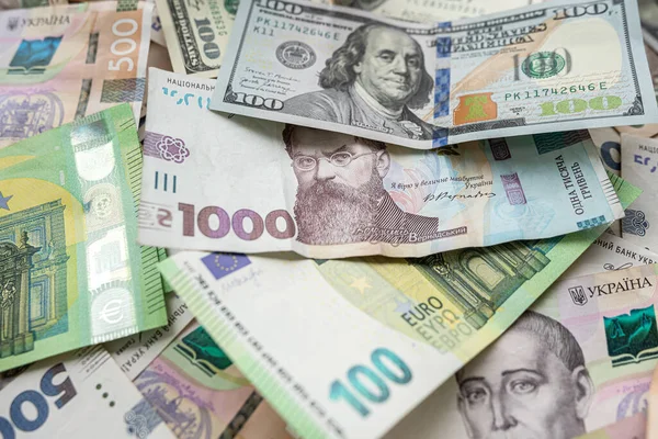 Dollars Euro Uah Hryvnia Bills Exchange Concept Wealthy — Zdjęcie stockowe
