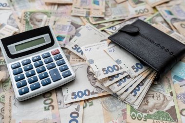 Ukrainian hryvnias bills with purse calculator. Money of Ukraine. UAH hrn. payment
