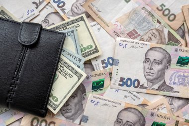 us dollar to uah gryvna bills with purse, exchange. rich and saving concept