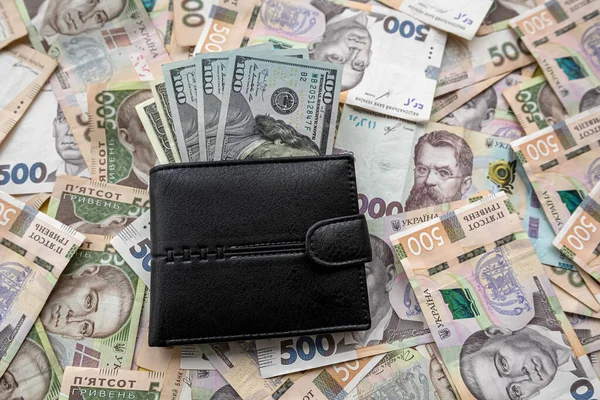Dollar Uah Gryvna Bills Purse Exchange Rich Saving Concept — Foto Stock