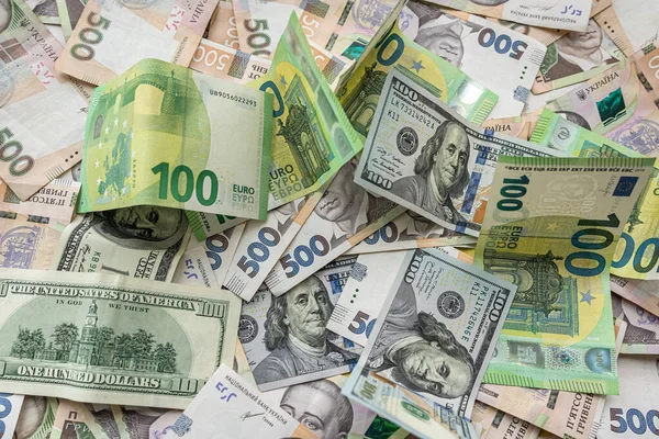 Lot Different Money Hryvnia Euro Dollar Bills Desk Exchange Saving — ストック写真