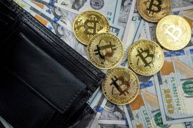 Altın paralar ve 100 dolarlık banknotlar deri bir cüzdanda. Cüzdanında dolar olan Bitcoin. Kripto para birimlerinden kazanç. Bitcoin dolar ve altın madencisi.