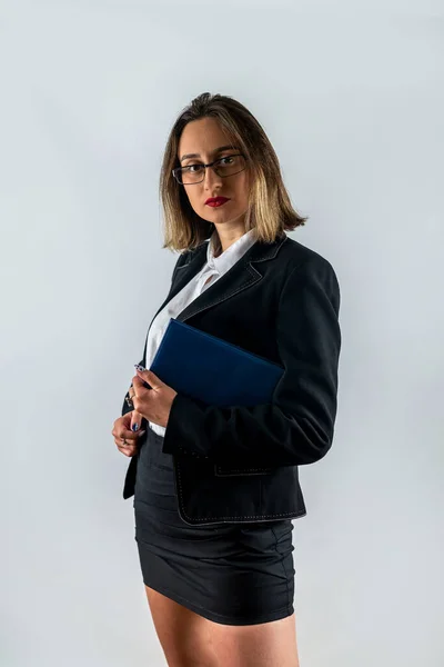 Isolated Studio Portrait Smiling Business Woman Black Suit Standing Crossed — Stock Photo, Image