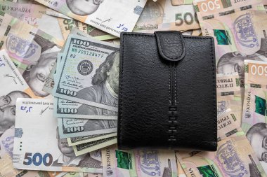 us dollar to uah gryvna bills with purse, exchange. rich and saving concept