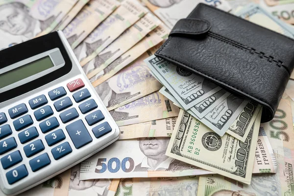 Calculator Wallet Paper Bills Ukrainian Hryvnias Dollar Exchange Concept — стокове фото