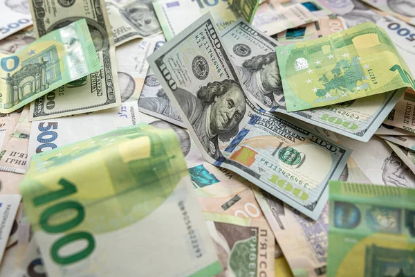 Украинская Гривна Обмен Валюты Доллары Евро Крупным Планом Наличные Деньги — стоковое фото