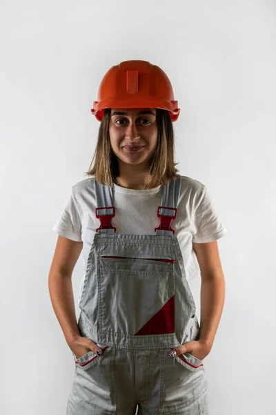 Photo Happy Cute Smiling Good Mood Female Construction Worker Isolated — Stock Photo, Image