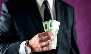 Takım elbiseli bir adam ofiste yaptığı iş için aldığı avro banknotlarını sayıyor. Kazanç ve kâr. Avro banknotları ellerinde