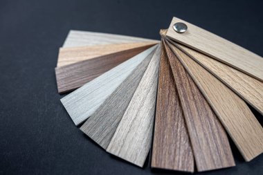 İç tasarım ya da dekorasyon için mobilya malzemesi örneği. Ahşap renk kataloğu doku ya da kalıp olarak. Endüstri için zemin katı. Tahta parçaları.