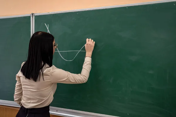 黒板の近くに立って数学の授業を学ぶ若い先生や学生です 教育の概念 — ストック写真