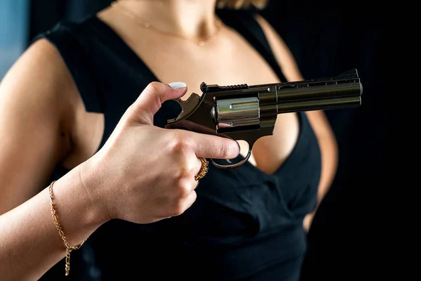 Cropped Photo Woman Sexy Black Dress Revolver Hand Shooting Isolated — Stock Photo, Image