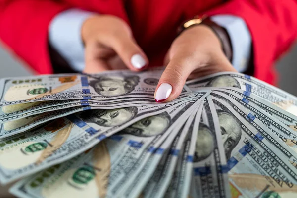 Top View Female Boss Hands Holding Many Cash Dollars Isolated — Stockfoto