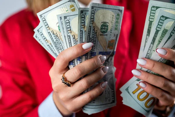 Top View Female Boss Hands Holding Many Cash Dollars Isolated — Stockfoto