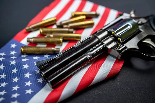 Many Yellow Bullets Revolver Gun Flag United States Isolated Black — Stock Photo, Image