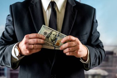 İş adamı bir aylık kazancını kendi ellerinde tutar. Para ve ticaret kavramı. Dolarla ellerini kapat.