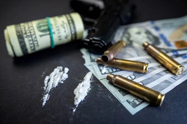 Cocaine Bags Next Dollars Gun Isolated Black Background Concept Breaking — Stock Photo, Image