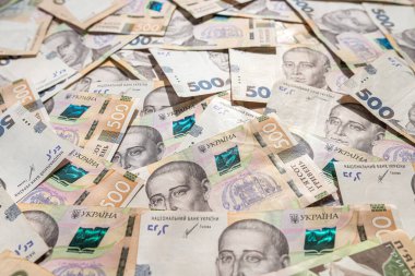 500 Ukrainian national currency bills as finance background, salary. no people. UAH