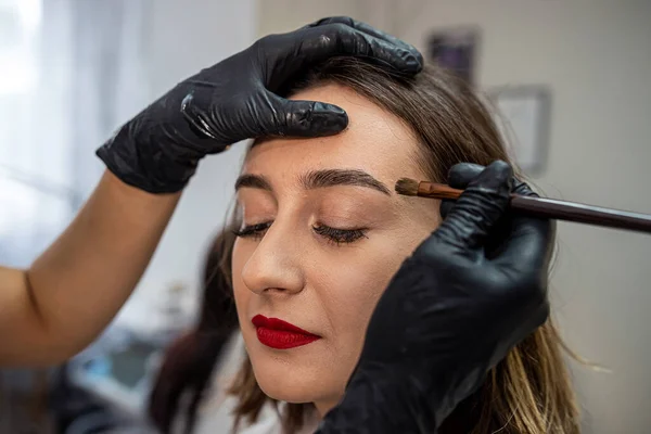 procedure of styling and correction and painting and lamination in a beauty salon by a master. eyebrow care A master of applying paint with a brush. eyebrow coloring