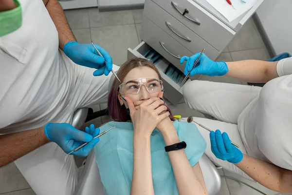 Upset Woman Phobia Having Panic Attack Clinic Treatment Dentistry Fear — Stock Photo, Image