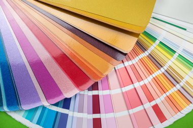 Masadaki pervaneyle düzenlenmiş farklı sepmler renk paletleri. Hepsi tasarım için. tasarım seçimi için hazırlandı