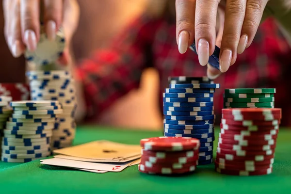 Woman Hand Manicure Takes Poker Chips Pile Poker Table Risky — Stok fotoğraf