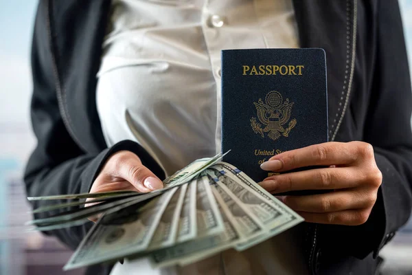 Young Woman Holding United States Passport Dollar Bills Very Happy — Foto Stock