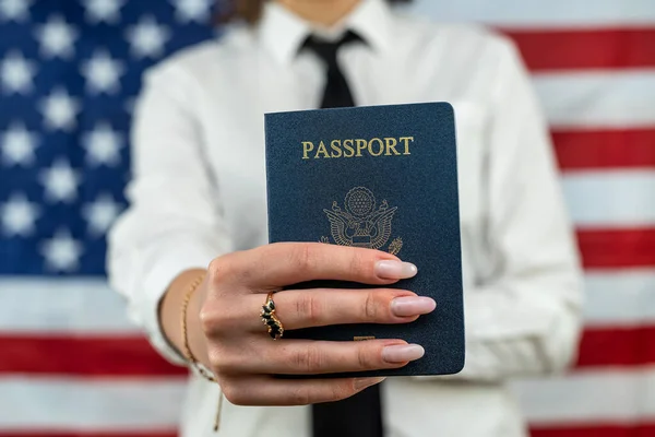 Cropped Portrait Young Flight Attendant Holding Fan Dollars American Passport — Foto Stock
